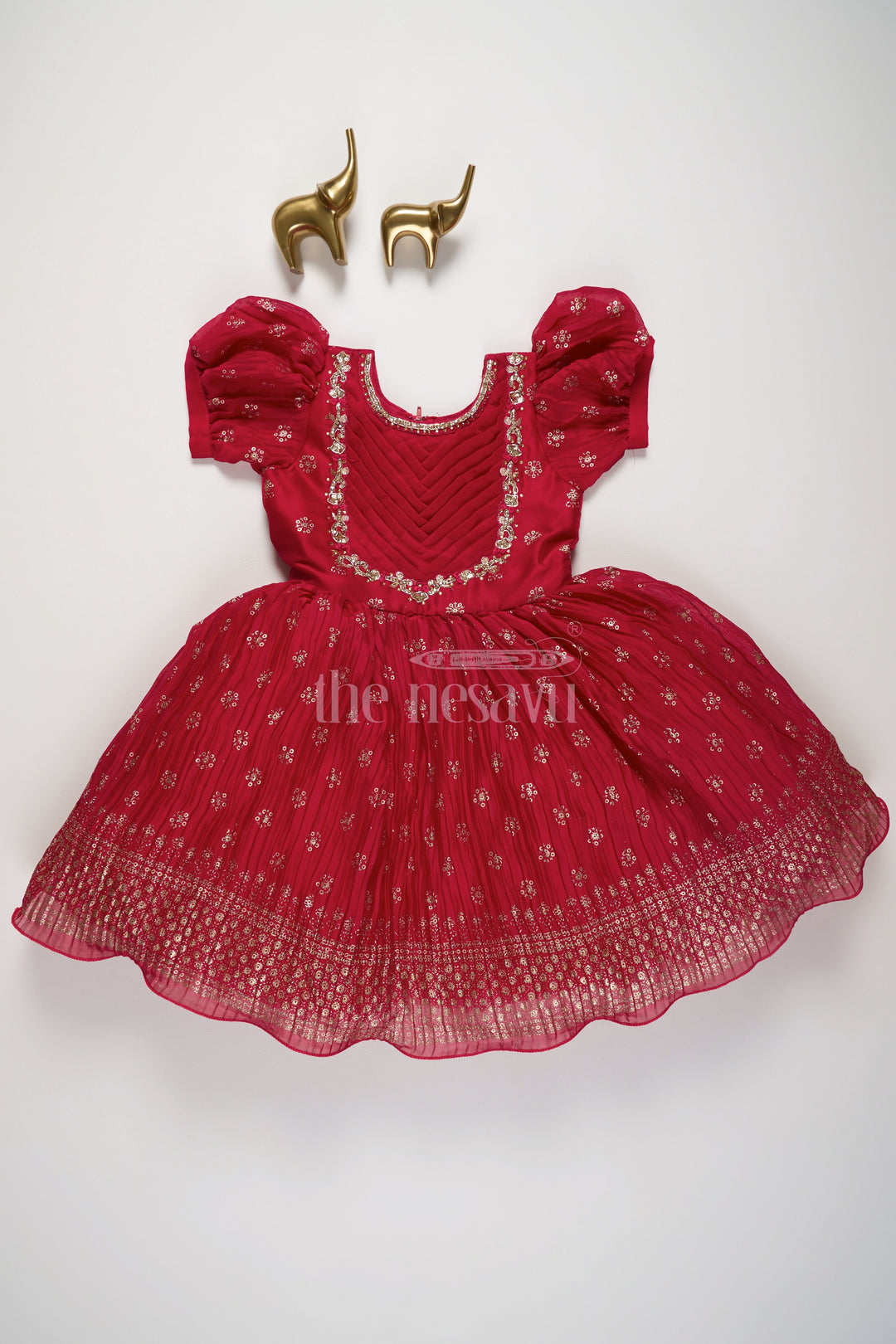 The Nesavu Silk Party Frock Girls Maroon Silk Party Frock with Chevron Quilted Bodice and Golden Floral Embroidery Nesavu 18 (2Y) / Maroon SF925B-18 Nesavu Maroon Silk Party Frock Chevron Bodice Golden Floral Embroidery Girls