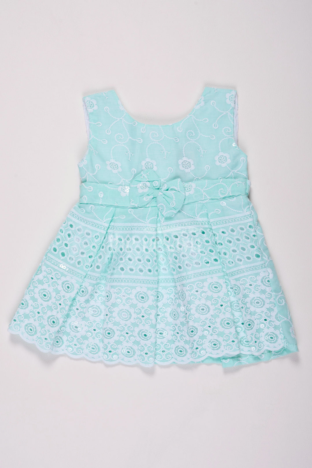 The Nesavu Baby Cotton Frocks Girls Mint Green Cotton Embroidered Short Frock with Bow Detail for Special Events Nesavu 14 (6M) / Blue BFJ647A-14 Nesavu Girls Mint Green Embroidered Cotton Short Frock Bow Birthday Parties