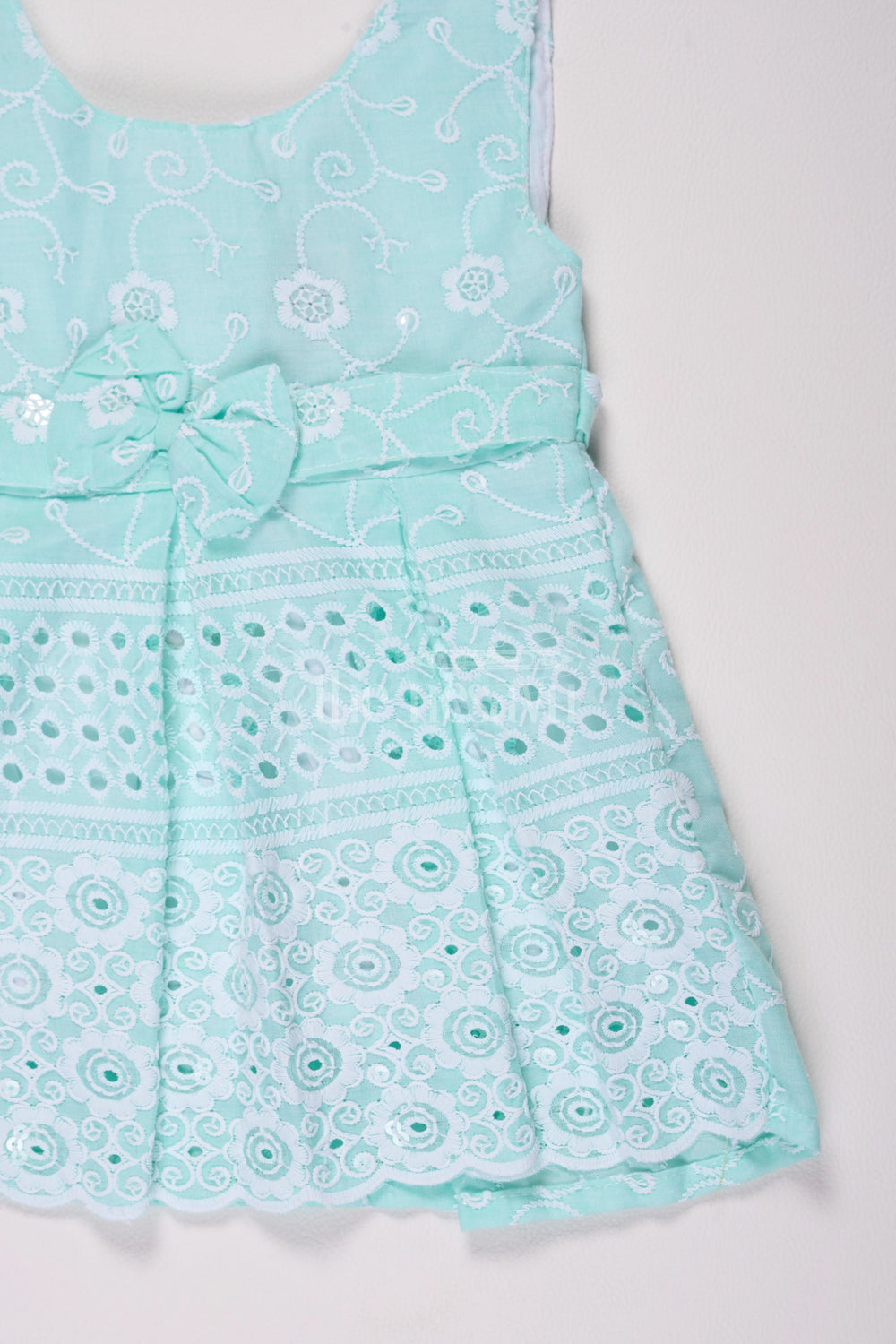 The Nesavu Baby Cotton Frocks Girls Mint Green Cotton Embroidered Short Frock with Bow Detail for Special Events Nesavu Nesavu Girls Mint Green Embroidered Cotton Short Frock Bow Birthday Parties