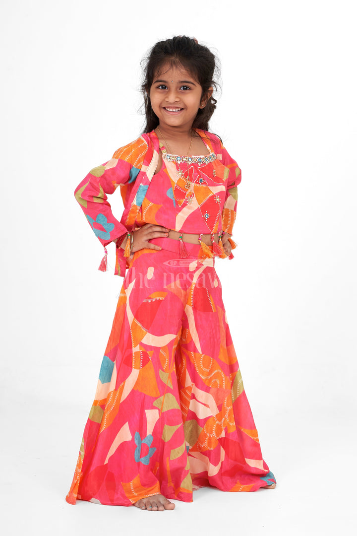 The Nesavu Girls Sharara / Plazo Set Girls Muslin Silk Multi-color Palazzo Sharara Set with Cape Vibrant Festive Outfit Nesavu Nesavu Girls Multi-color Muslin Silk Palazzo Sharara Set Cape Festive Party Wear GPS487A