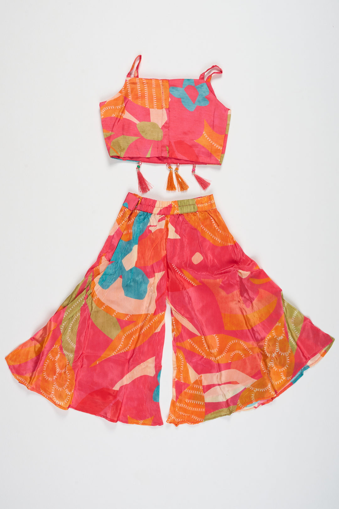 The Nesavu Girls Sharara / Plazo Set Girls Muslin Silk Multi-color Palazzo Sharara Set with Cape Vibrant Festive Outfit Nesavu Nesavu Girls Multi-color Muslin Silk Palazzo Sharara Set Cape Festive Party Wear GPS487A