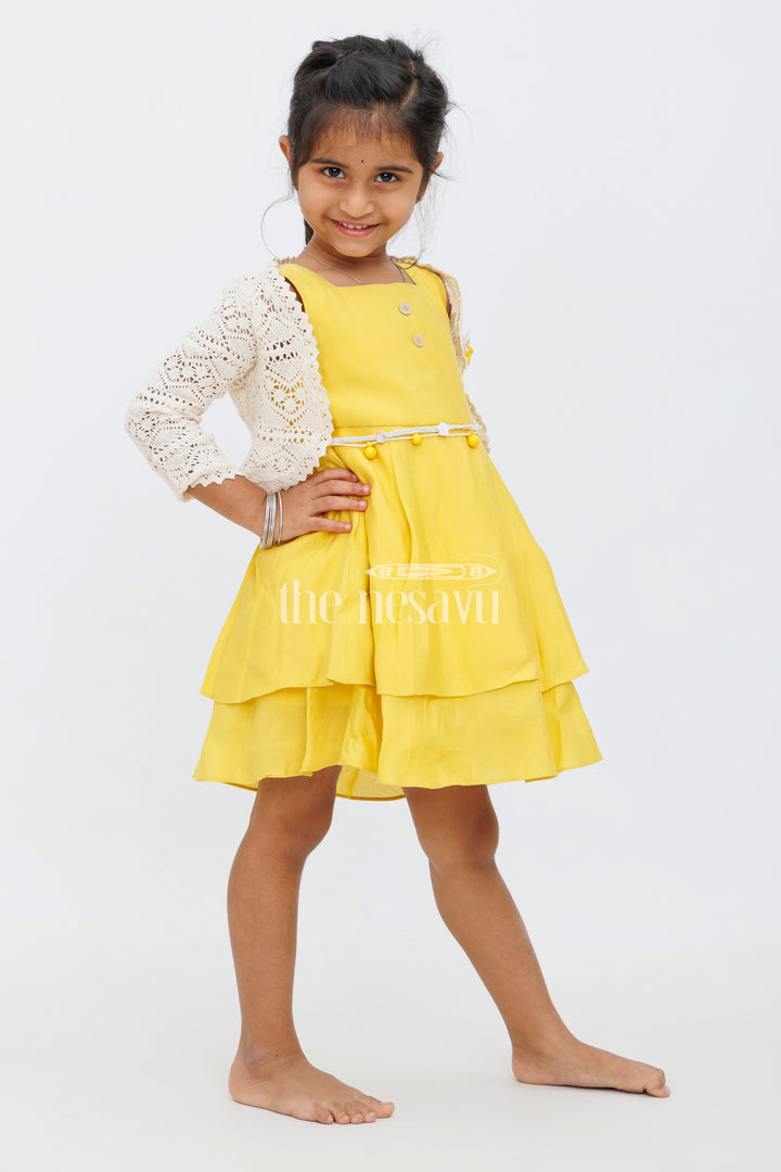 The Nesavu Girls Fancy Frock Girls Mustard Yellow Dress with Layered Skirt and Crochet Button Bolero for Special Events Nesavu 16 (1Y) / Yellow GFC1412A-16 Nesavu Girls Mustard Yellow Dress Layered Skirt Crochet Bolero Special Occasions