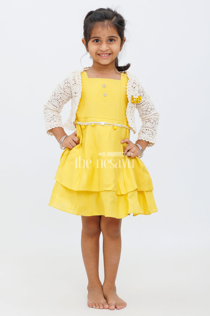 The Nesavu Girls Fancy Frock Girls Mustard Yellow Dress with Layered Skirt and Crochet Button Bolero for Special Events Nesavu Nesavu Girls Mustard Yellow Dress Layered Skirt Crochet Bolero Special Occasions