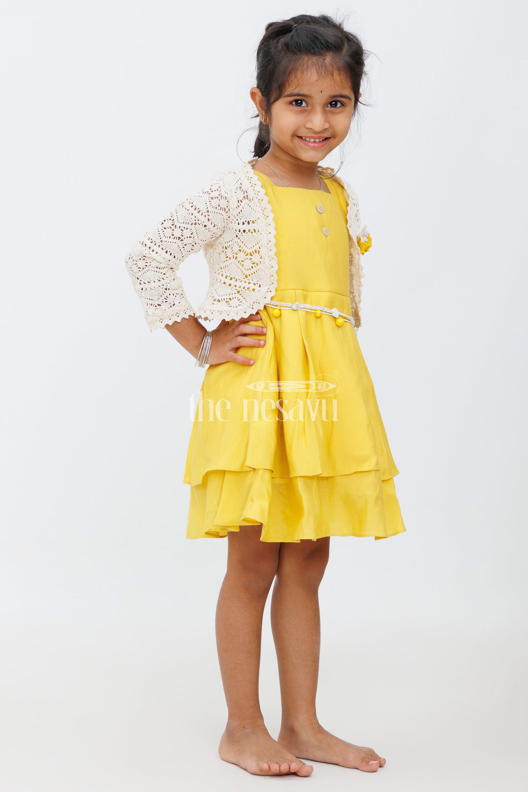 The Nesavu Girls Fancy Frock Girls Mustard Yellow Dress with Layered Skirt and Crochet Button Bolero for Special Events Nesavu Nesavu Girls Mustard Yellow Dress Layered Skirt Crochet Bolero Special Occasions