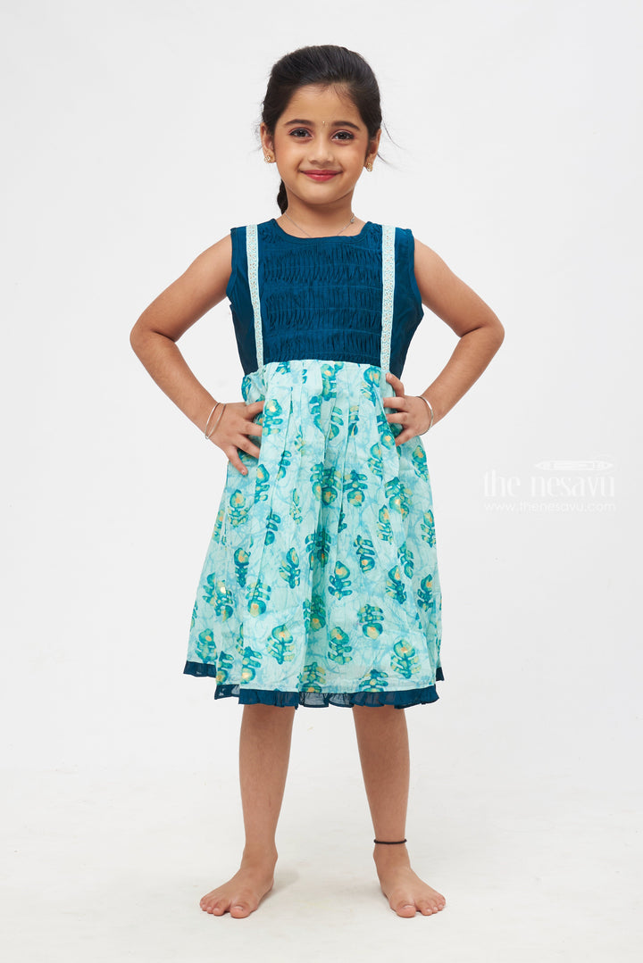 The Nesavu Girls Cotton Frock Girls' Nautical Blue Tropical Turtle Adventure Cotton Frock for Girls Nesavu 14 (6M) / Blue / Cotton GFC1166A-14 Cotton Frock for Girls - Printed | Perfect Summer Ensemble | The Nesavu