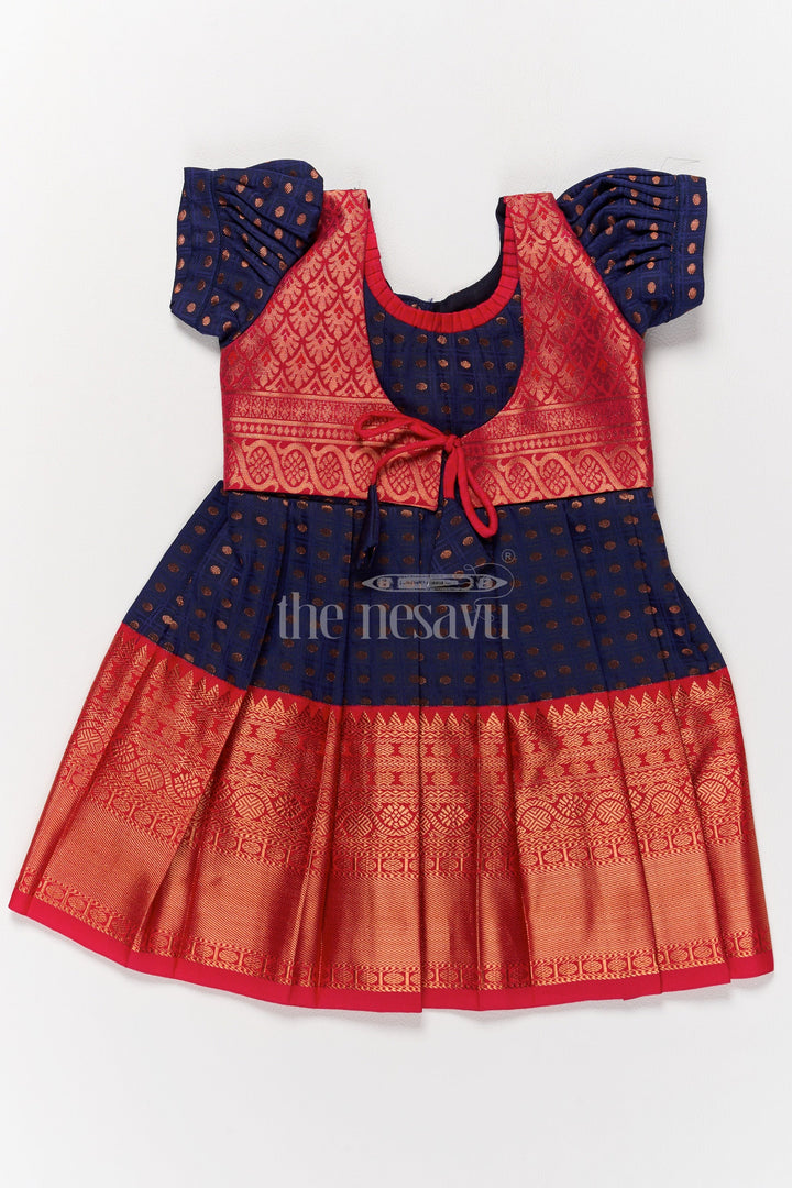 The Nesavu Girls Kanchi Silk Frock Girls Navy Blue and Red Ethnic Wear for Pongal with Traditional Kanchipuram Silk Look Nesavu 14 (6M) / Blue / Style 3 SF826AC-14 Nesavu Girls Navy Blue Red Kanchipuram Inspired Ethnic Wear Pongal Celebrations