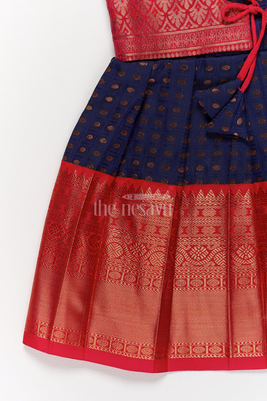 The Nesavu Girls Kanchi Silk Frock Girls Navy Blue and Red Ethnic Wear for Pongal with Traditional Kanchipuram Silk Look Nesavu Nesavu Girls Navy Blue Red Kanchipuram Inspired Ethnic Wear Pongal Celebrations