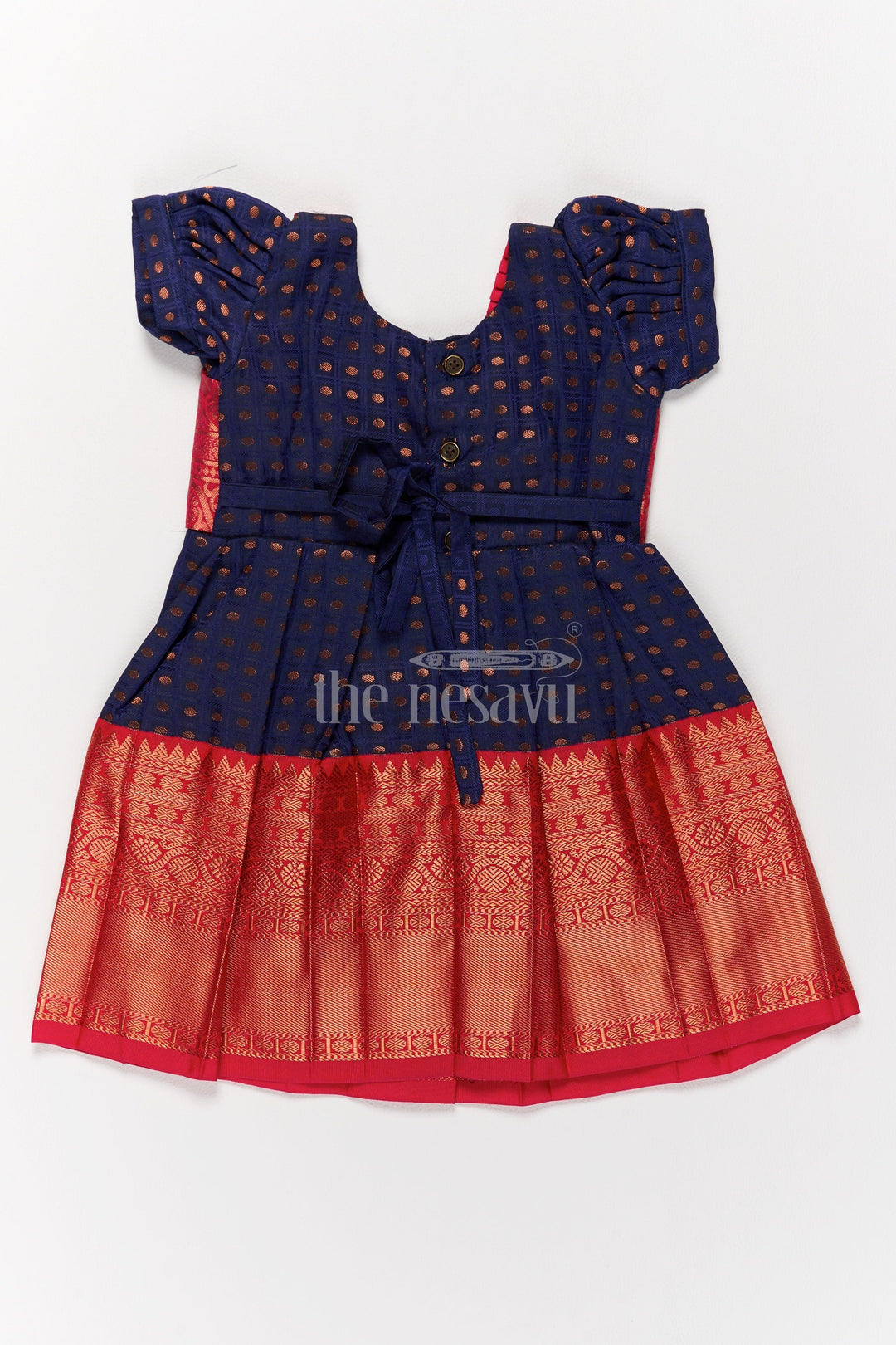 The Nesavu Girls Kanchi Silk Frock Girls Navy Blue and Red Ethnic Wear for Pongal with Traditional Kanchipuram Silk Look Nesavu Nesavu Girls Navy Blue Red Kanchipuram Inspired Ethnic Wear Pongal Celebrations