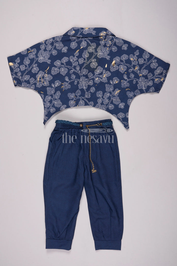 The Nesavu Girls Sharara / Plazo Set Girls Navy Blue Printed Crop Shirt and Pants Set for Casual Wear Nesavu Nesavu Girls Navy Blue Casual Set Printed Crop Shirt Straight-Fit Pants