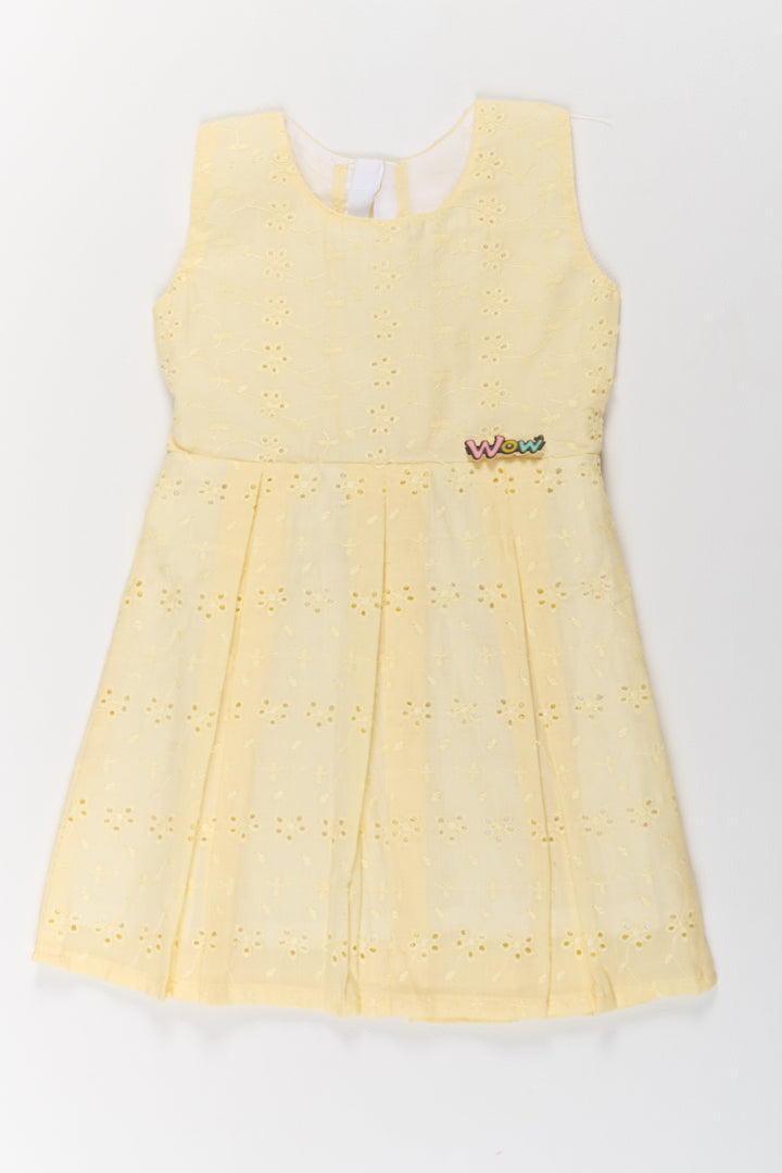 The Nesavu Girls Cotton Frock Girls Normal Cotton Frock in Yellow with Delicate Eyelet Embroidery Nesavu 20 (3Y) / Yellow GFC1569B-20 Nesavu Girls Cotton Frock Eyelet Embroidery Yellow