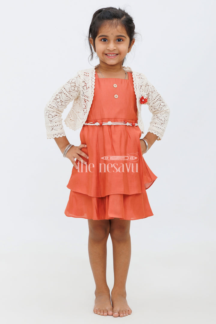 The Nesavu Girls Fancy Frock Girls Orange Double-Tiered Party Dress with Crochet Bolero and Floral Belt Nesavu 16 (1Y) / Orange GFC1412C-16 Nesavu Girls Orange Party Dress Crochet Bolero Double-Tiered Skirt Festive Celebrations