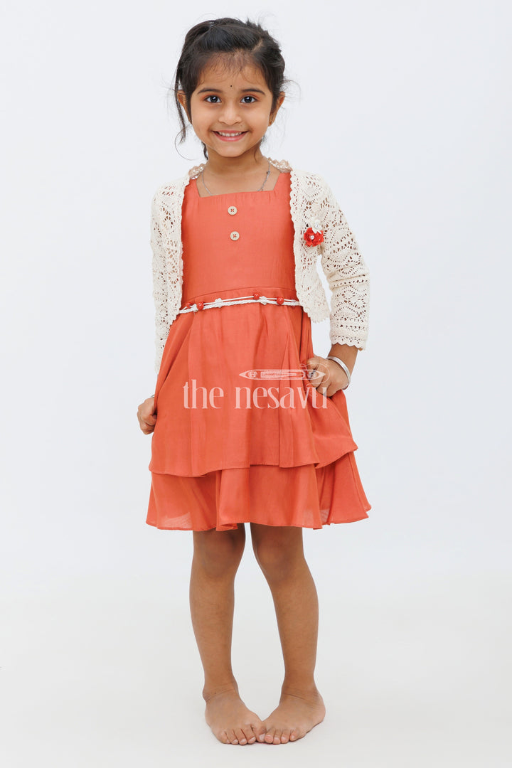 The Nesavu Girls Fancy Frock Girls Orange Double-Tiered Party Dress with Crochet Bolero and Floral Belt Nesavu Nesavu Girls Orange Party Dress Crochet Bolero Double-Tiered Skirt Festive Celebrations