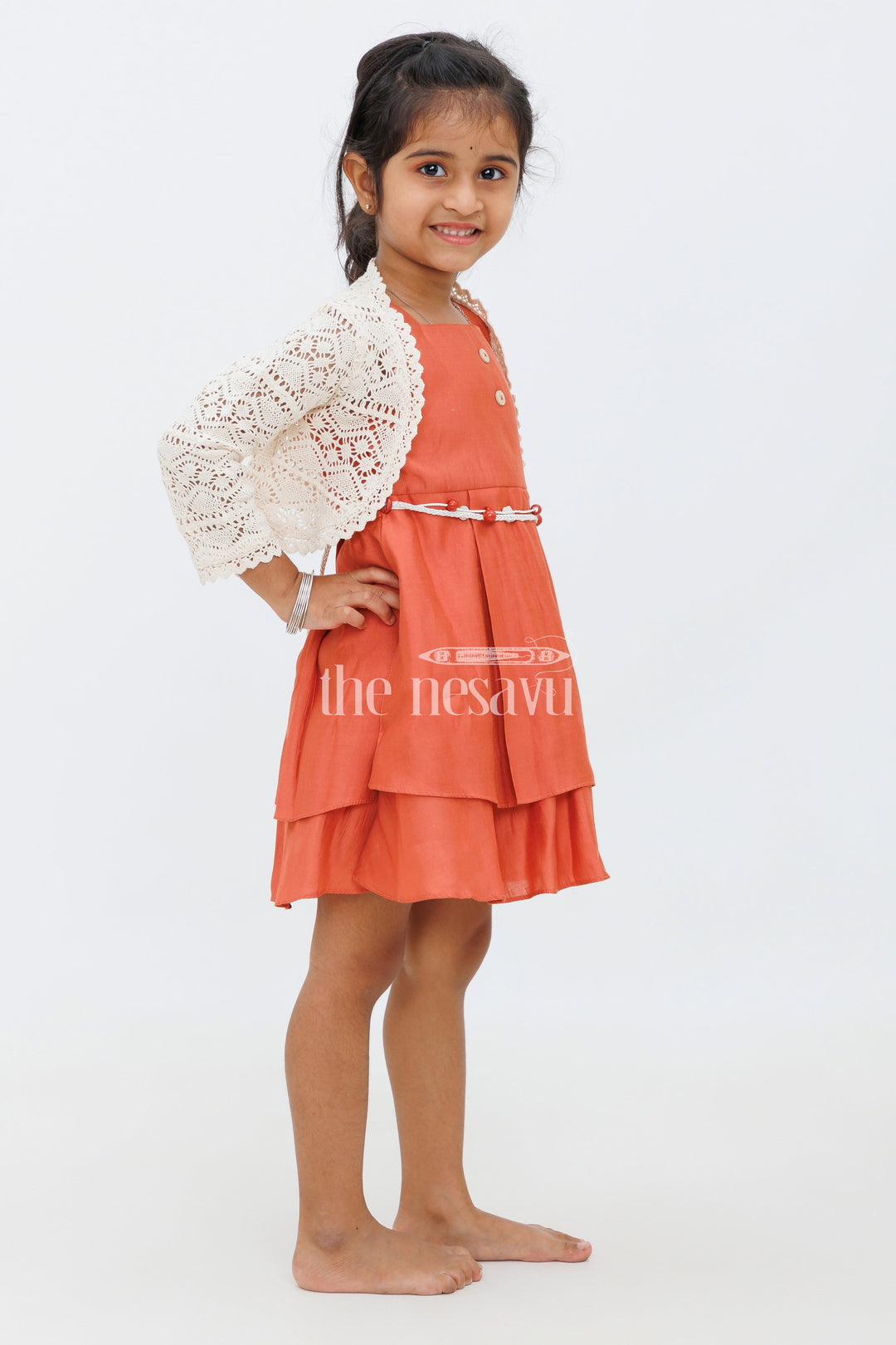 The Nesavu Girls Fancy Frock Girls Orange Double-Tiered Party Dress with Crochet Bolero and Floral Belt Nesavu Nesavu Girls Orange Party Dress Crochet Bolero Double-Tiered Skirt Festive Celebrations