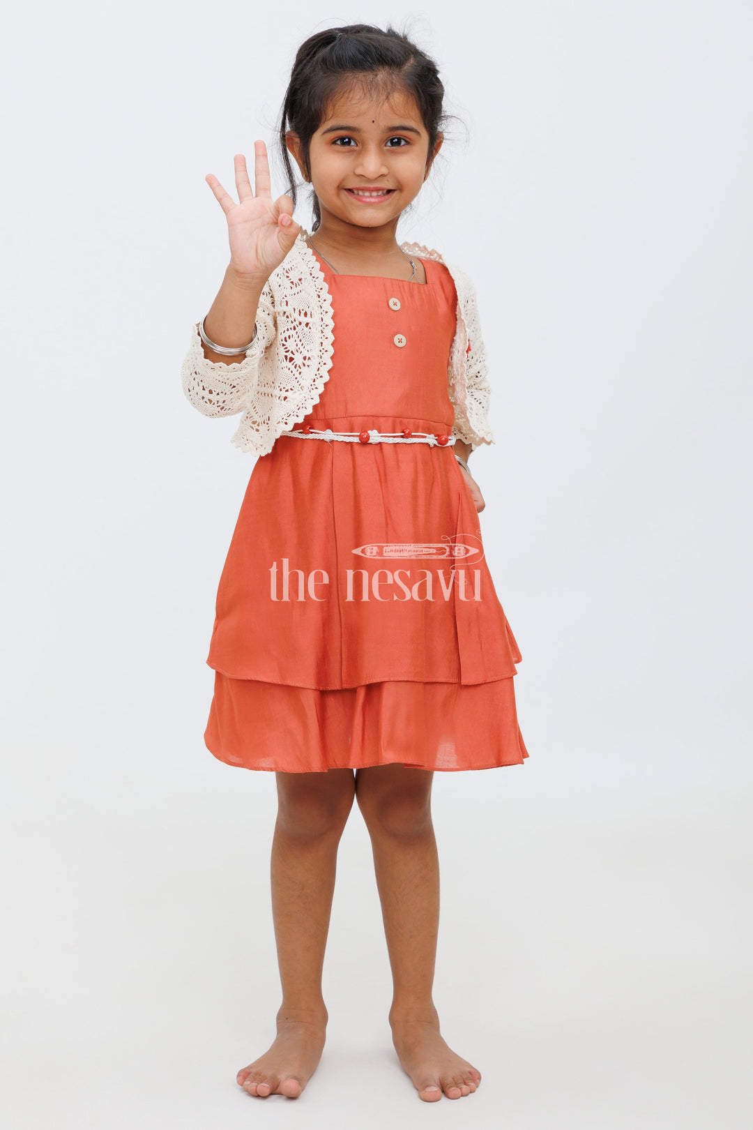 The Nesavu Girls Fancy Frock Girls Orange Double-Tiered Party Dress with Crochet Bolero and Floral Belt Nesavu Nesavu Girls Orange Party Dress Crochet Bolero Double-Tiered Skirt Festive Celebrations