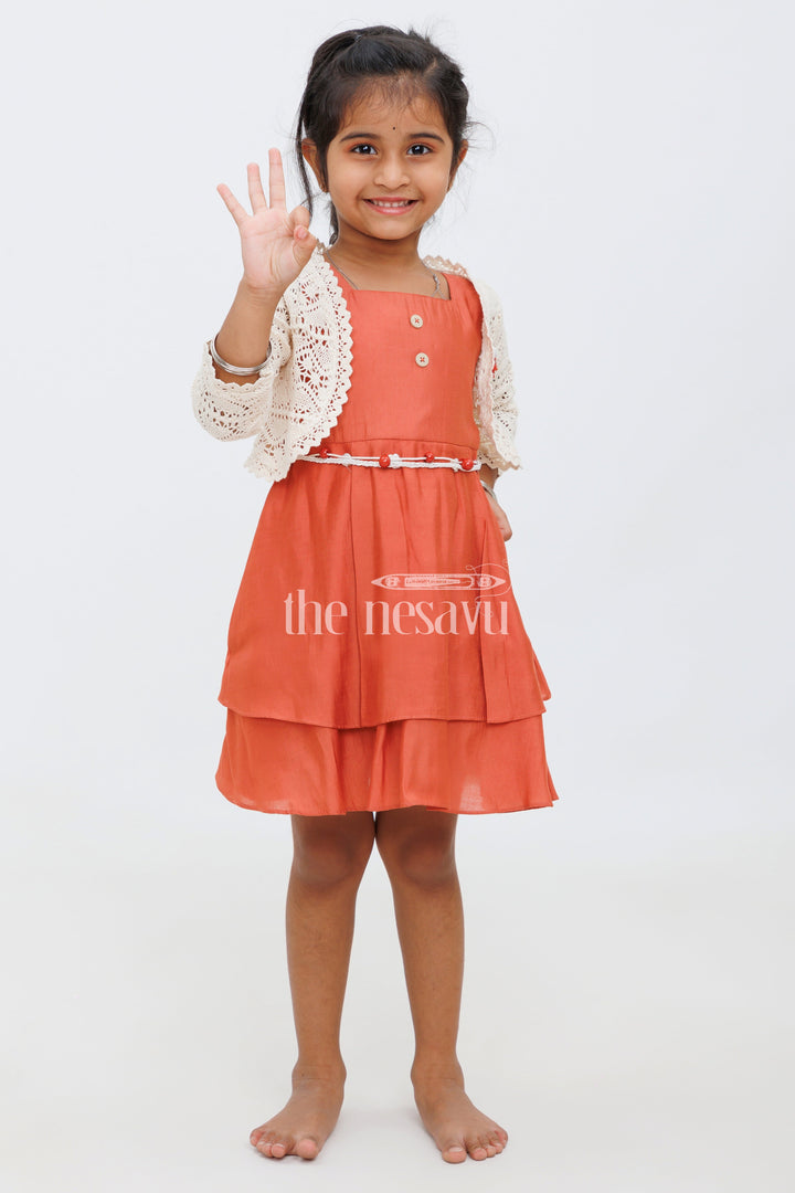 The Nesavu Girls Fancy Frock Girls Orange Double-Tiered Party Dress with Crochet Bolero and Floral Belt Nesavu Nesavu Girls Orange Party Dress Crochet Bolero Double-Tiered Skirt Festive Celebrations