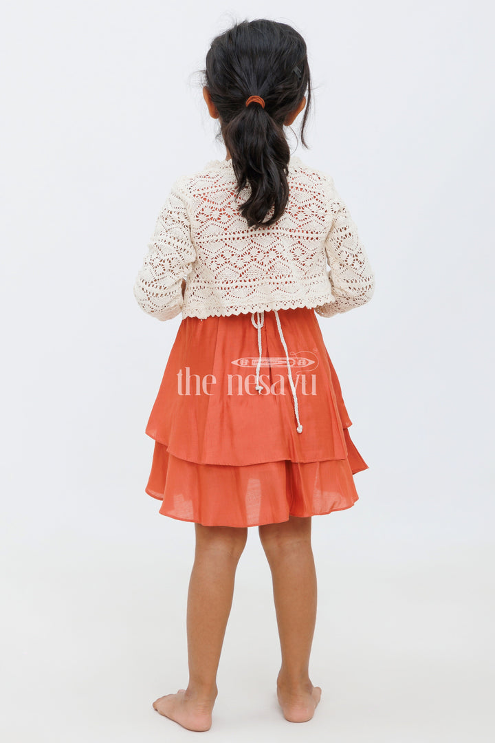 The Nesavu Girls Fancy Frock Girls Orange Double-Tiered Party Dress with Crochet Bolero and Floral Belt Nesavu Nesavu Girls Orange Party Dress Crochet Bolero Double-Tiered Skirt Festive Celebrations