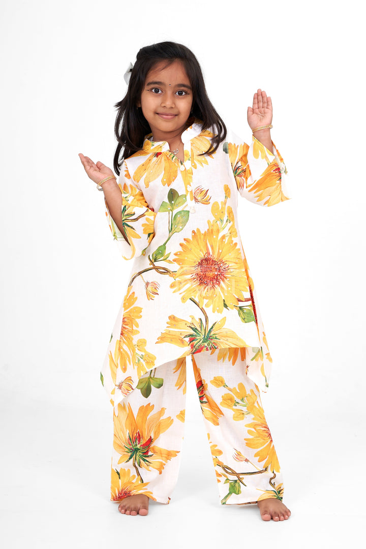 The Nesavu Girls Sharara / Plazo Set Girls Palazzo Pants and Shirt Set in Blended Fabric with Yellow Floral Print Ideal for Summer Outings Nesavu 24 (5Y) / Yellow GPS483A-24 Nesavu Girls Yellow Floral Palazzo Pants Shirt Set Comfortable Blended Fabric Summer Wear