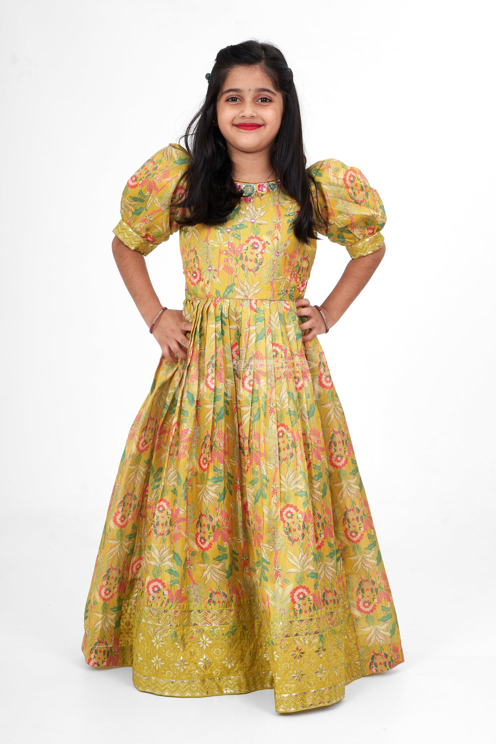 The Nesavu Girls Party Gown Girls Party Gown Shimmer Semi Silk Green Sankranthi Dress Nesavu Nesavu Girls Green Shimmer Semi Silk Party Gown Floral Prints Deepavali Dress