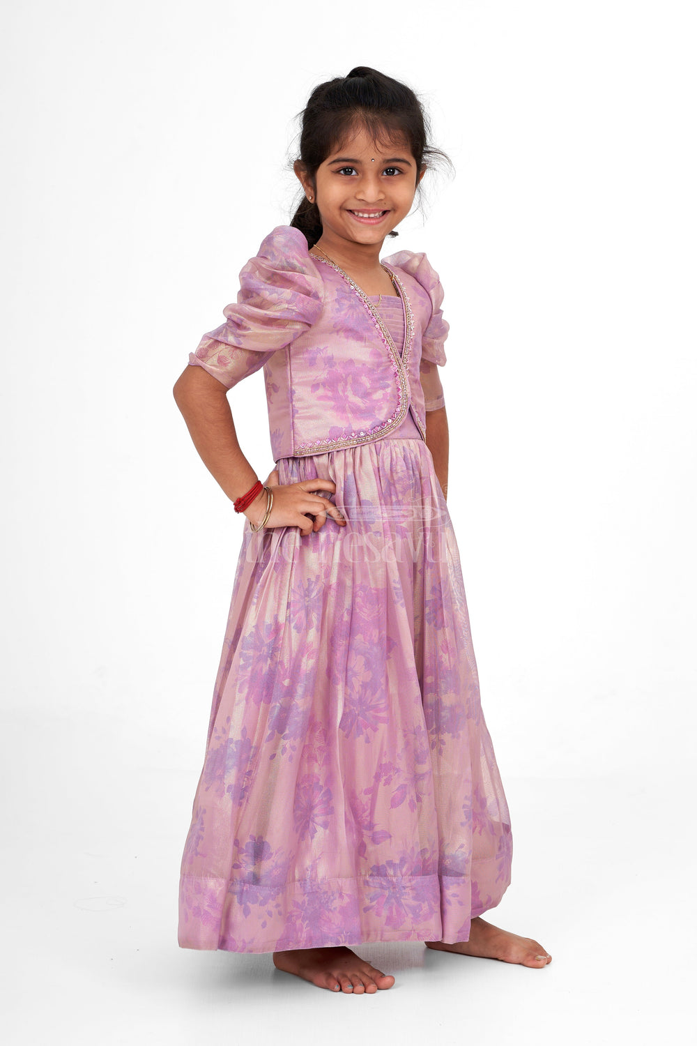 The Nesavu Girls Party Gown Girls Party Gown Shimmer Semi Silk Lavender Sankranthi Outfits for Office Nesavu Nesavu Girls Lavender Shimmer Semi Silk Party Gown Floral Prints Diwali Outfits Office