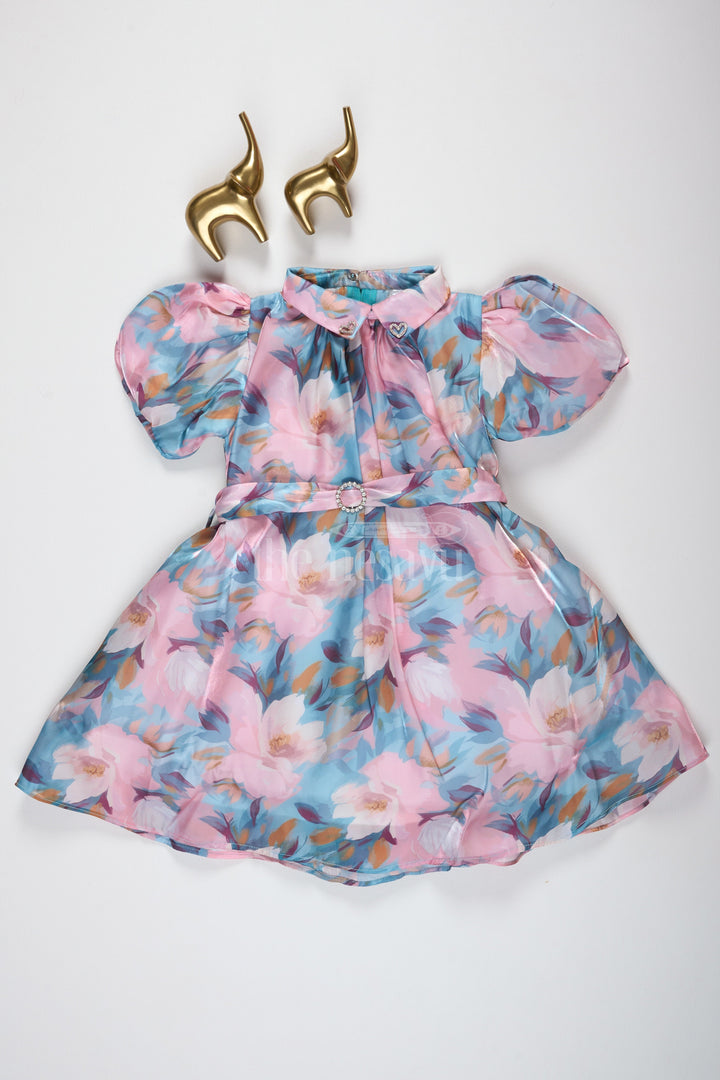 The Nesavu Girls Fancy Frock Girls Pastel Floral Fancy Mini Dress with Puffed Sleeves and Belted Waist for Summer Parties Nesavu Nesavu Girls Pastel Floral Fancy Mini Dress Puffed Sleeves Belt Summer Events