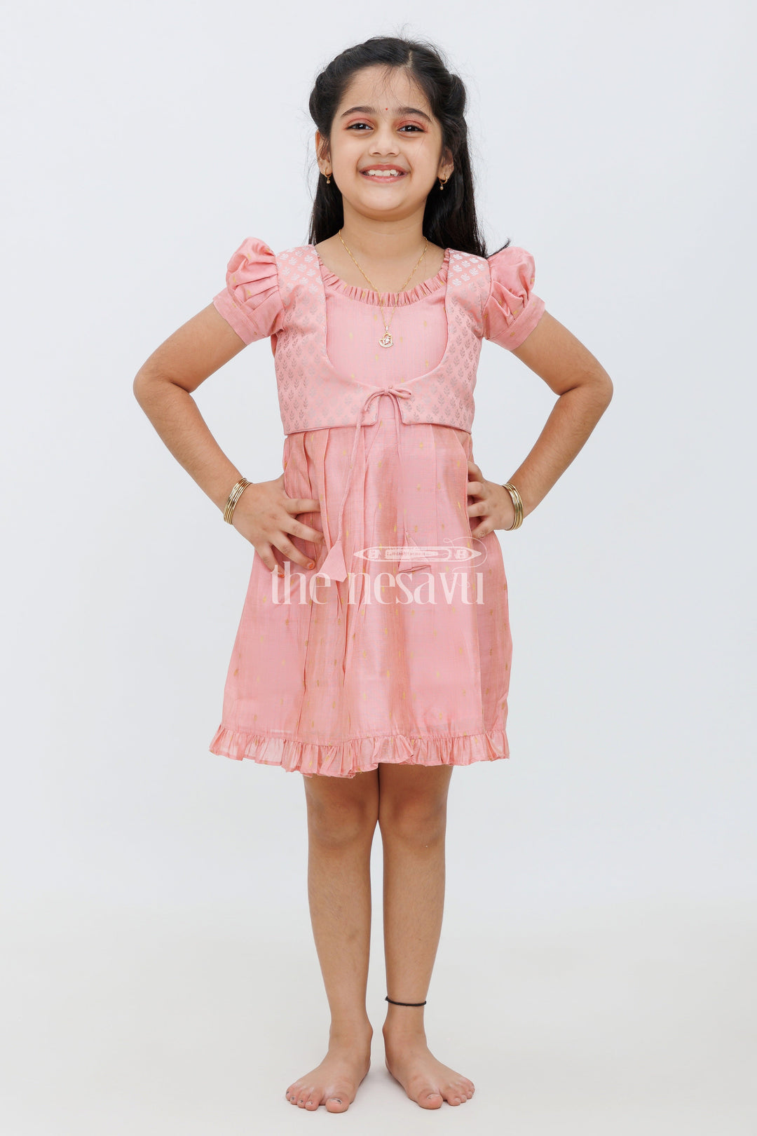 The Nesavu Silk Frock Girls Peach Viscose Silk Frock with Sleeveless Jacket and Flared Skirt for Special Occasions Nesavu 14 (6M) / Orange SF924B-14 Nesavu Girls Peach Viscose Silk Frock Embroidered Jacket Flared Skirt Formal Events