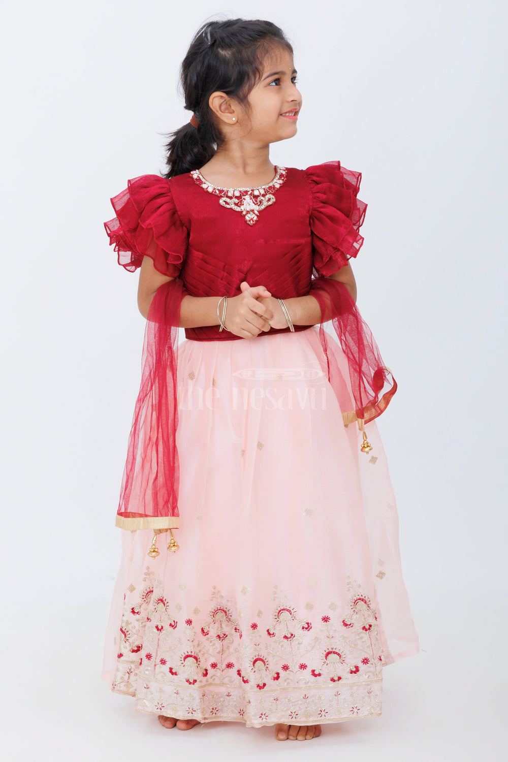 The Nesavu Girls Lehenga Choli Girls Pink and Burgundy Organza Embroidered Lehenga Choli with Puff Sleeves and Golden Floral Accents Nesavu Nesavu Girls Pink Organza Embroidered Lehenga Choli Burgundy Puff Sleeve Blouse Weddings