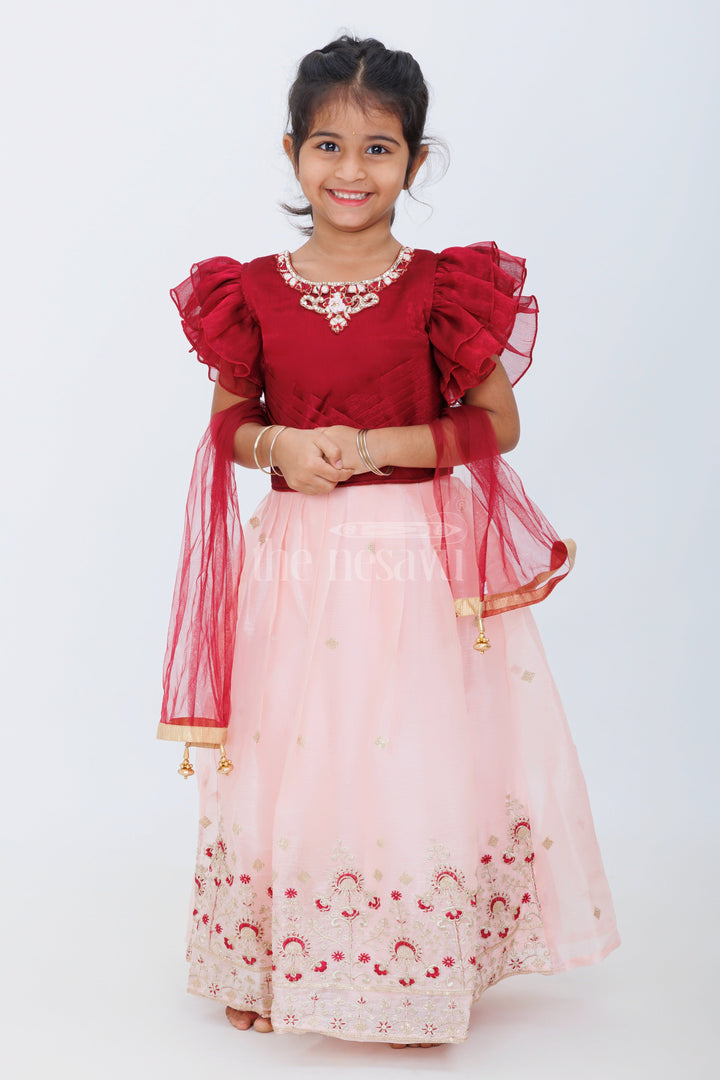 The Nesavu Girls Lehenga Choli Girls Pink and Burgundy Organza Embroidered Lehenga Choli with Puff Sleeves and Golden Floral Accents Nesavu Nesavu Girls Pink Organza Embroidered Lehenga Choli Burgundy Puff Sleeve Blouse Weddings