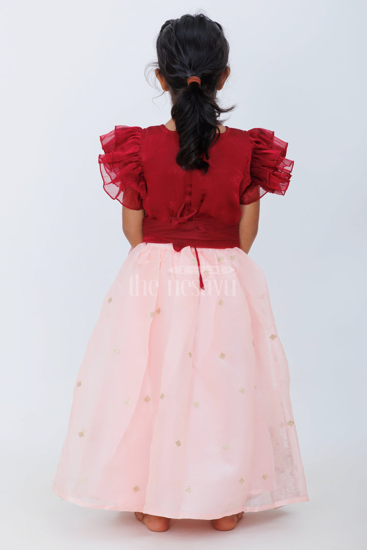 The Nesavu Girls Lehenga Choli Girls Pink and Burgundy Organza Embroidered Lehenga Choli with Puff Sleeves and Golden Floral Accents Nesavu Nesavu Girls Pink Organza Embroidered Lehenga Choli Burgundy Puff Sleeve Blouse Weddings