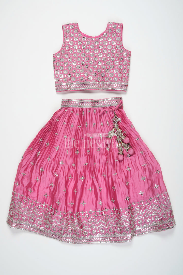 The Nesavu Girls Lehenga Choli Girls Pink Chinon Organza Embroidered Lehenga Choli for Christmas Attire Nesavu 18 (2Y) / Pink GL528A-18 Girls Pink Chinon Organza Embroidered Lehenga Choli Nesavu Diwali Attire Special Occasions