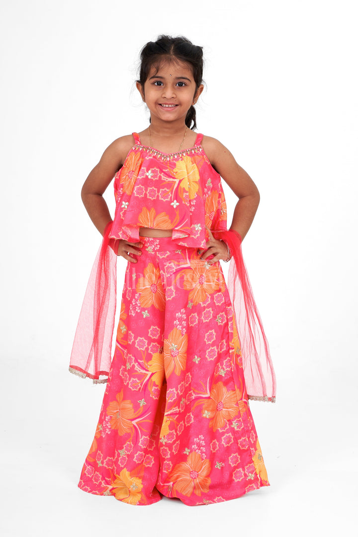 The Nesavu Girls Sharara / Plazo Set Girls Pink Chinon Printed Sharara Set with Floral Patterns – Festive Clothes for Stylish Girls Nesavu 16 (1Y) / Pink GPS463A-16 Festive Pink Chinon Floral Sharara Set Girls Crop Top Mini Purse Nesavu Exclusive