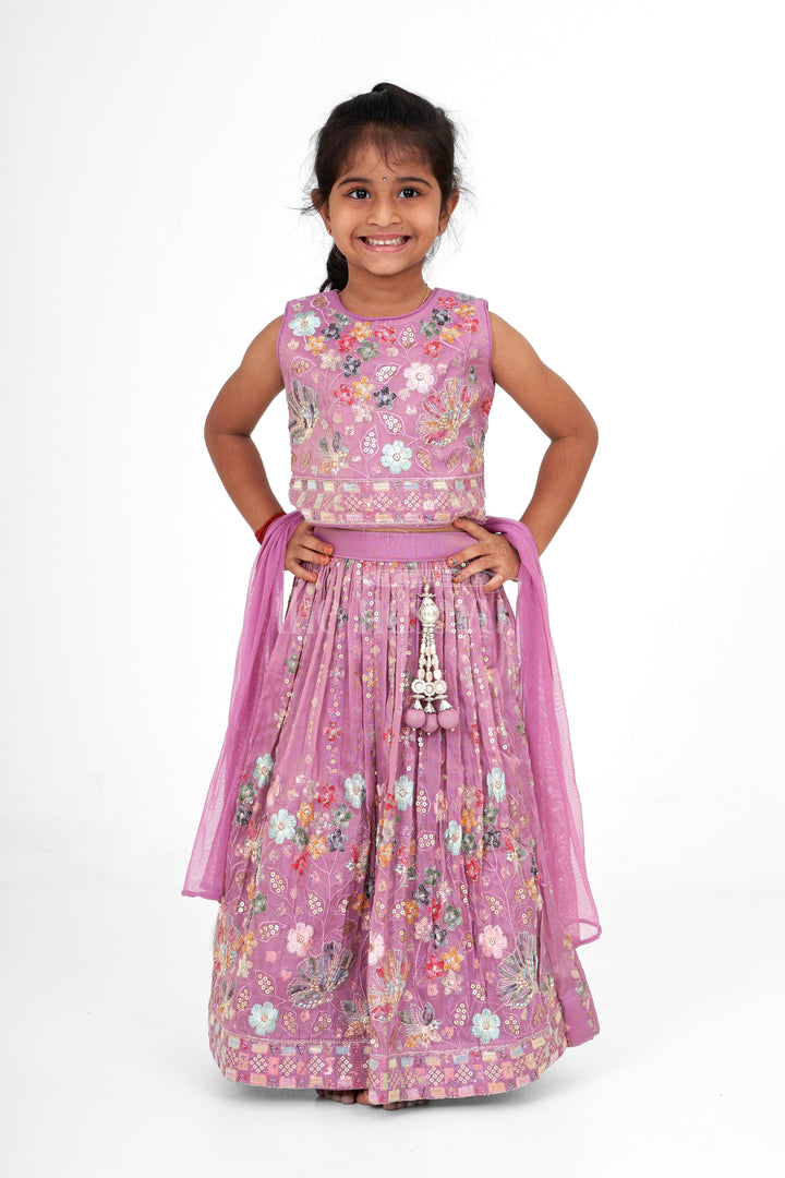 The Nesavu Girls Lehenga Choli Girls Pink Lehenga Choli with Intricate Floral Embroidery and Tassel Embellishments Nesavu Nesavu Girls Pink Lehenga Choli Floral Embroidery Pleated Skirt Weddings