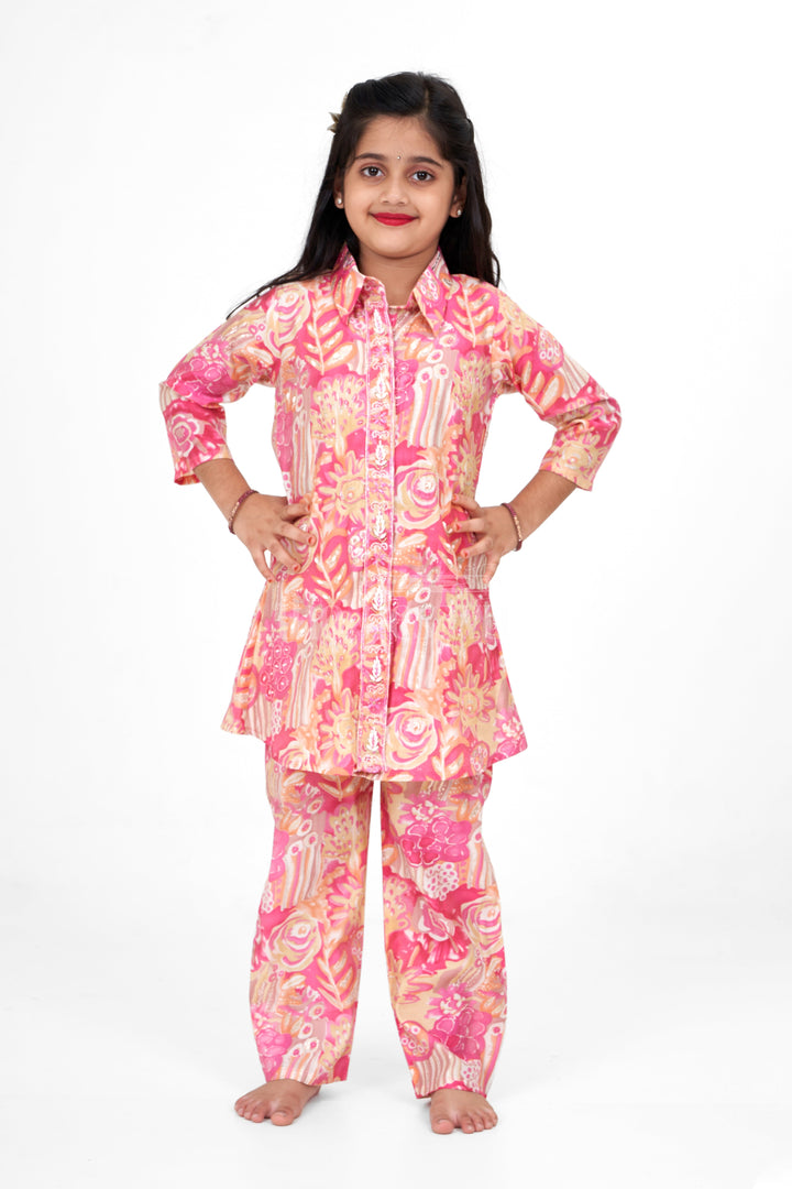 The Nesavu Girls Sharara / Plazo Set Girls Pink Palazzo Pants and Chanderi Printed Shirt Set Elegant Outfit for Special Occasions Nesavu 24 (5Y) / Pink GPS484A-24 Nesavu Girls Pink Palazzo Pants Chanderi Printed Shirt Set Stylish Elegant Event Wear