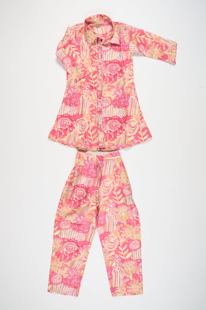 The Nesavu Girls Sharara / Plazo Set Girls Pink Palazzo Pants and Chanderi Printed Shirt Set Elegant Outfit for Special Occasions Nesavu Nesavu Girls Pink Palazzo Pants Chanderi Printed Shirt Set Stylish Elegant Event Wear