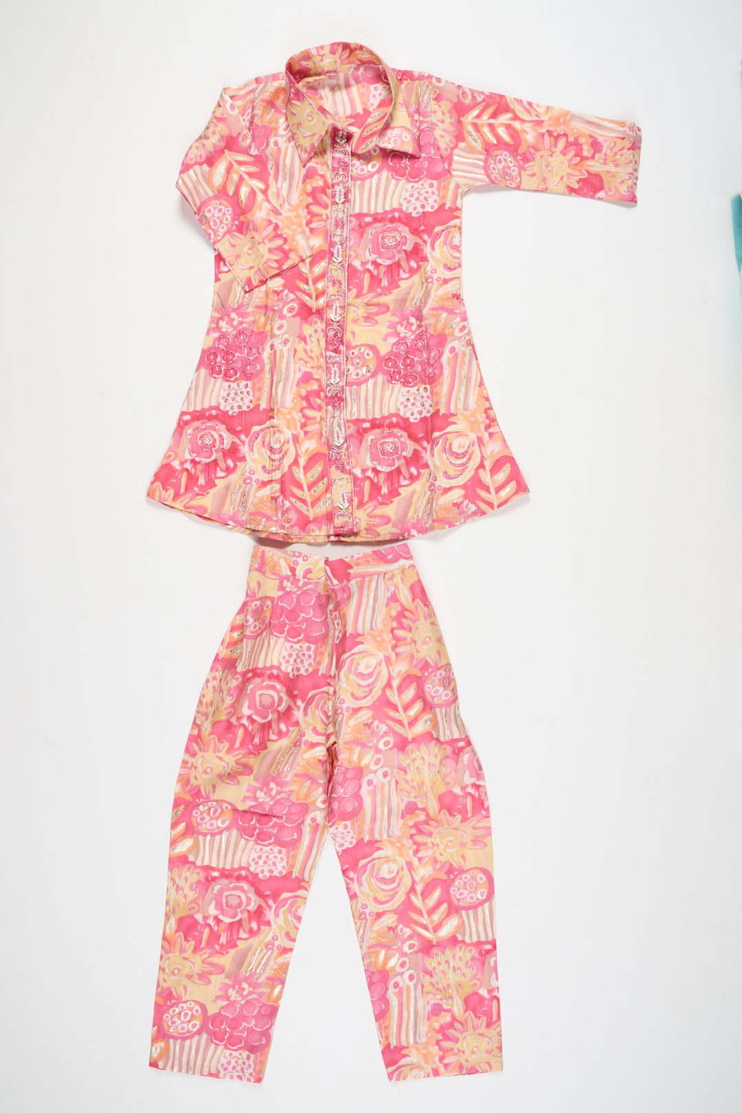 The Nesavu Girls Sharara / Plazo Set Girls Pink Palazzo Pants and Chanderi Printed Shirt Set Elegant Outfit for Special Occasions Nesavu Nesavu Girls Pink Palazzo Pants Chanderi Printed Shirt Set Stylish Elegant Event Wear