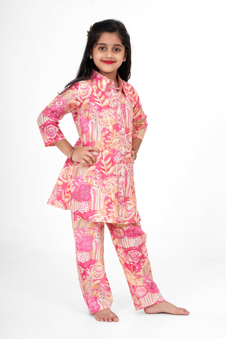 The Nesavu Girls Sharara / Plazo Set Girls Pink Palazzo Pants and Chanderi Printed Shirt Set Elegant Outfit for Special Occasions Nesavu Nesavu Girls Pink Palazzo Pants Chanderi Printed Shirt Set Stylish Elegant Event Wear