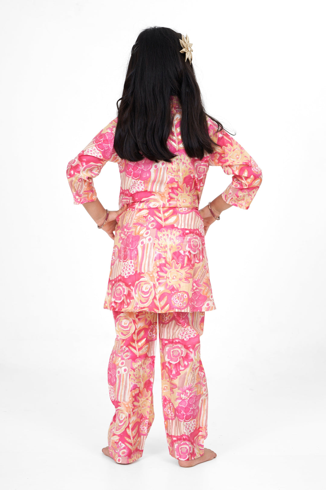 The Nesavu Girls Sharara / Plazo Set Girls Pink Palazzo Pants and Chanderi Printed Shirt Set Elegant Outfit for Special Occasions Nesavu Nesavu Girls Pink Palazzo Pants Chanderi Printed Shirt Set Stylish Elegant Event Wear