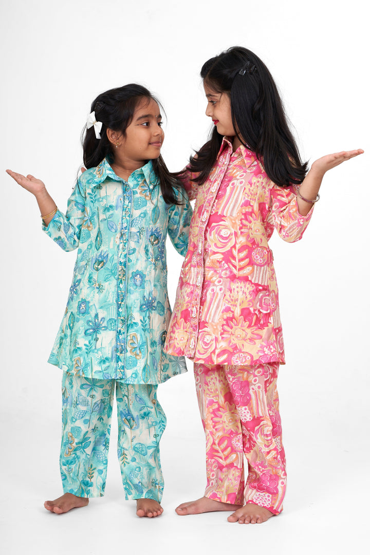 The Nesavu Girls Sharara / Plazo Set Girls Pink Palazzo Pants and Chanderi Printed Shirt Set Elegant Outfit for Special Occasions Nesavu Nesavu Girls Pink Palazzo Pants Chanderi Printed Shirt Set Stylish Elegant Event Wear