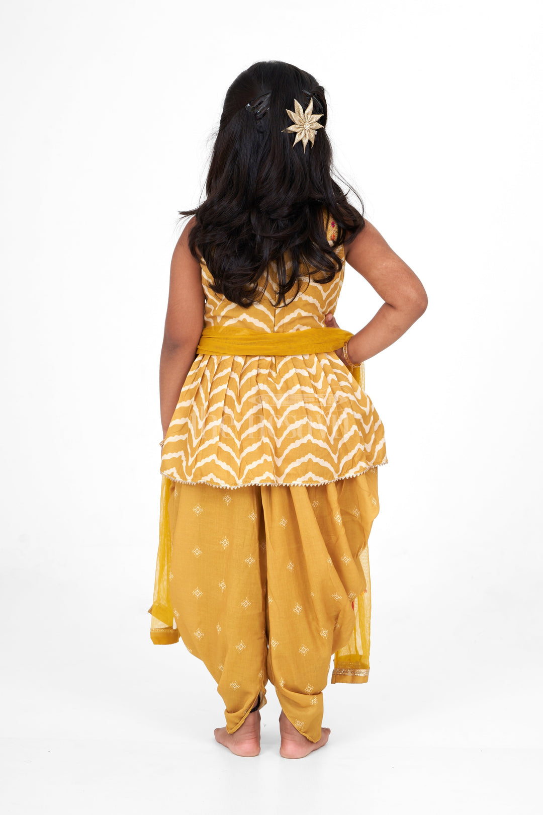 The Nesavu Girls Dothi Sets Girls Poly Silk Dhoti Set Yellow Christmas Dresses Nesavu Nesavu Girls Yellow Poly Silk Dhoti Set Chevron Print Deepavali Dresses