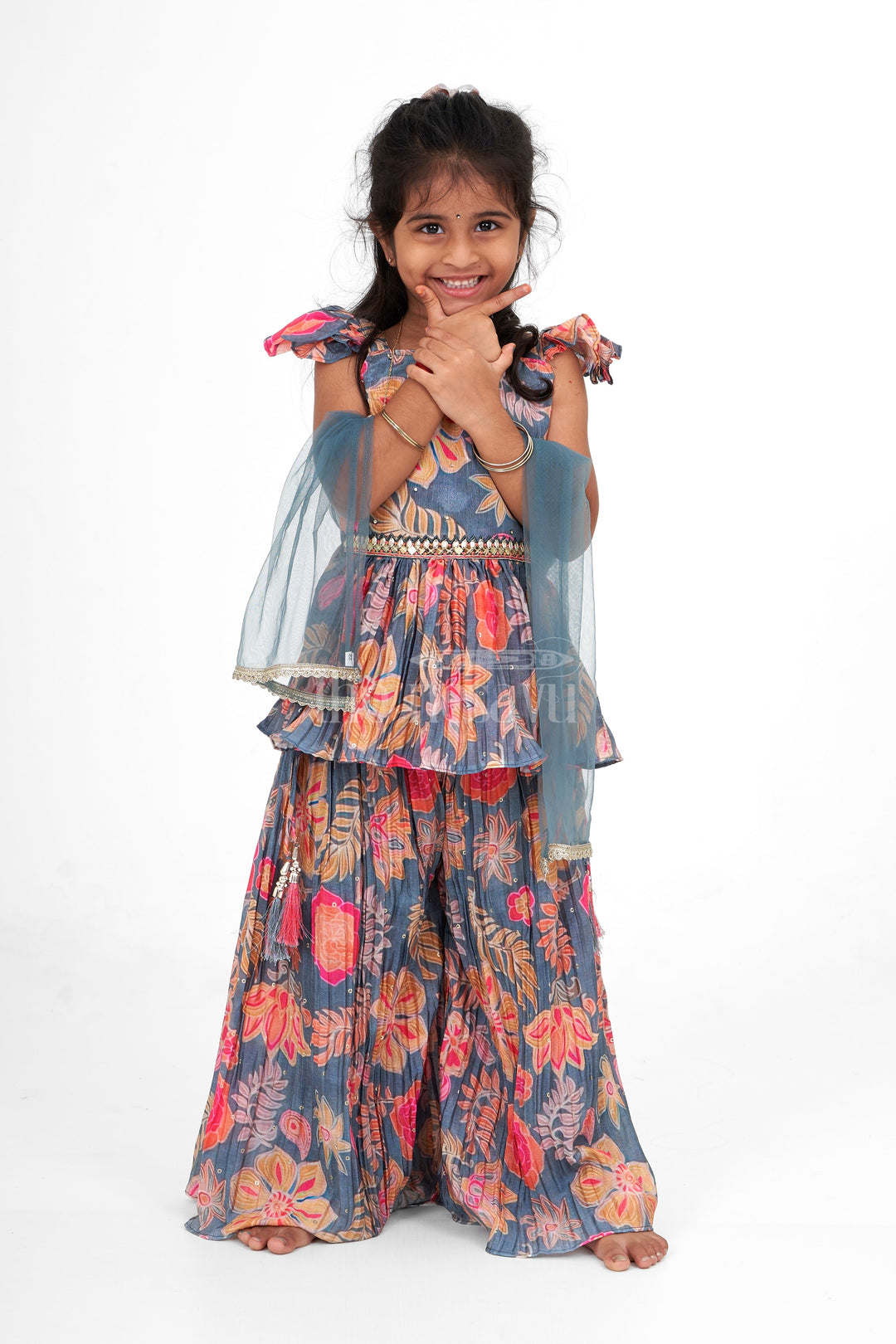 The Nesavu Girls Sharara / Plazo Set Girls Printed Chinon Silk Palazzo Set with Floral Top Perfect for Festive Occasions Nesavu 18 (2Y) / Blue GPS482A-18 Nesavu Girls Chinon Silk Palazzo Set Floral Print Elegant Festive Wear Special Events