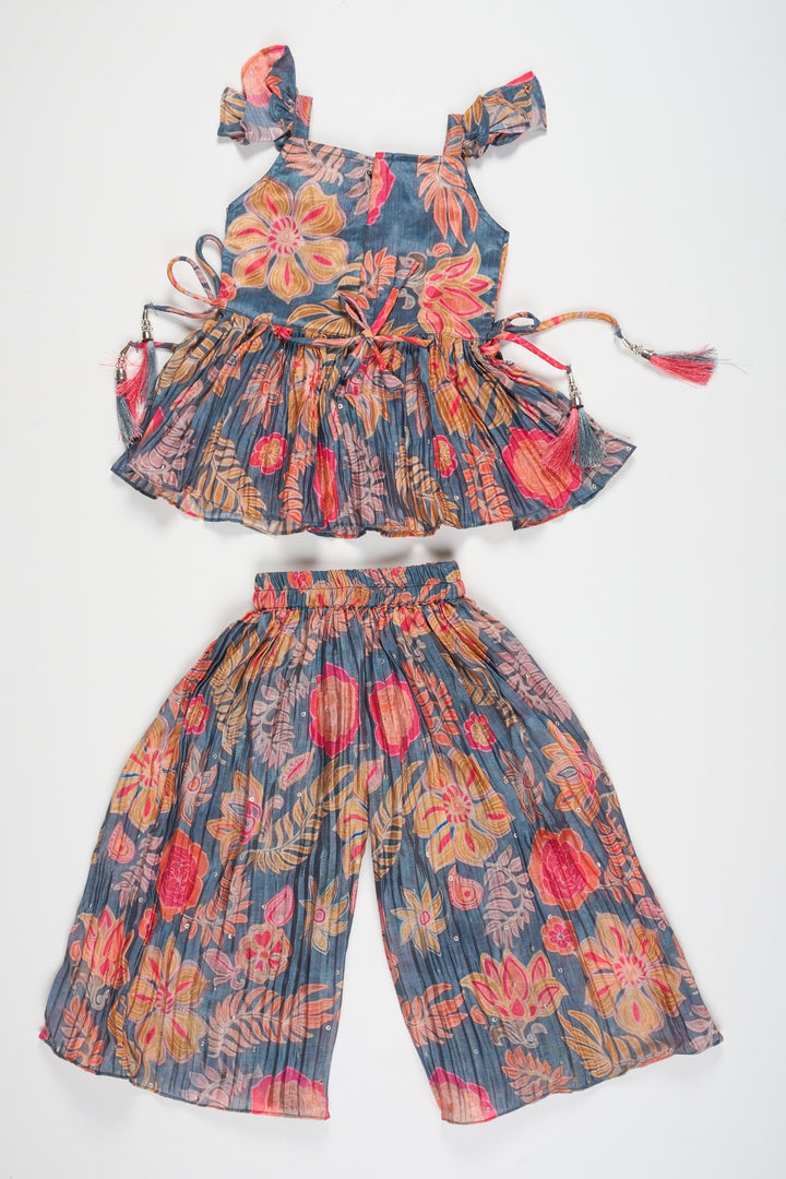 The Nesavu Girls Sharara / Plazo Set Girls Printed Chinon Silk Palazzo Set with Floral Top Perfect for Festive Occasions Nesavu Nesavu Girls Chinon Silk Palazzo Set Floral Print Elegant Festive Wear Special Events