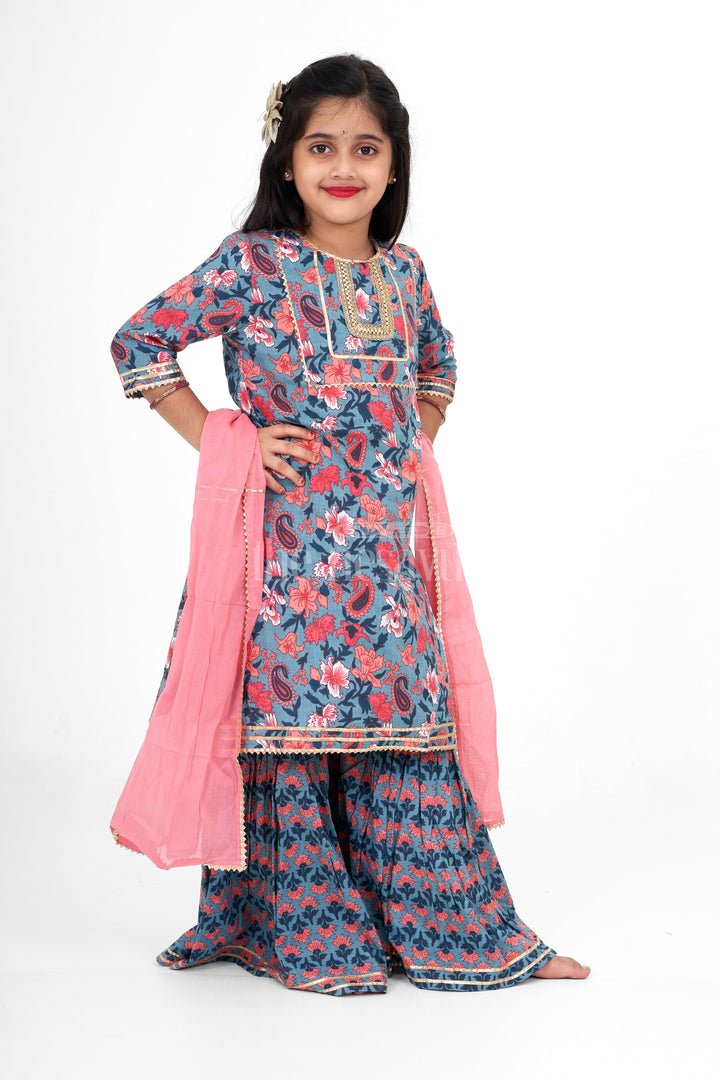 The Nesavu Girls Sharara / Plazo Set Girls Pure Cotton Sharara Set Multicolor Diwali Festive Dress Nesavu Nesavu Girls Multicolor Cotton Block Print Sharara Set Embroidery Diwali Festive Dress