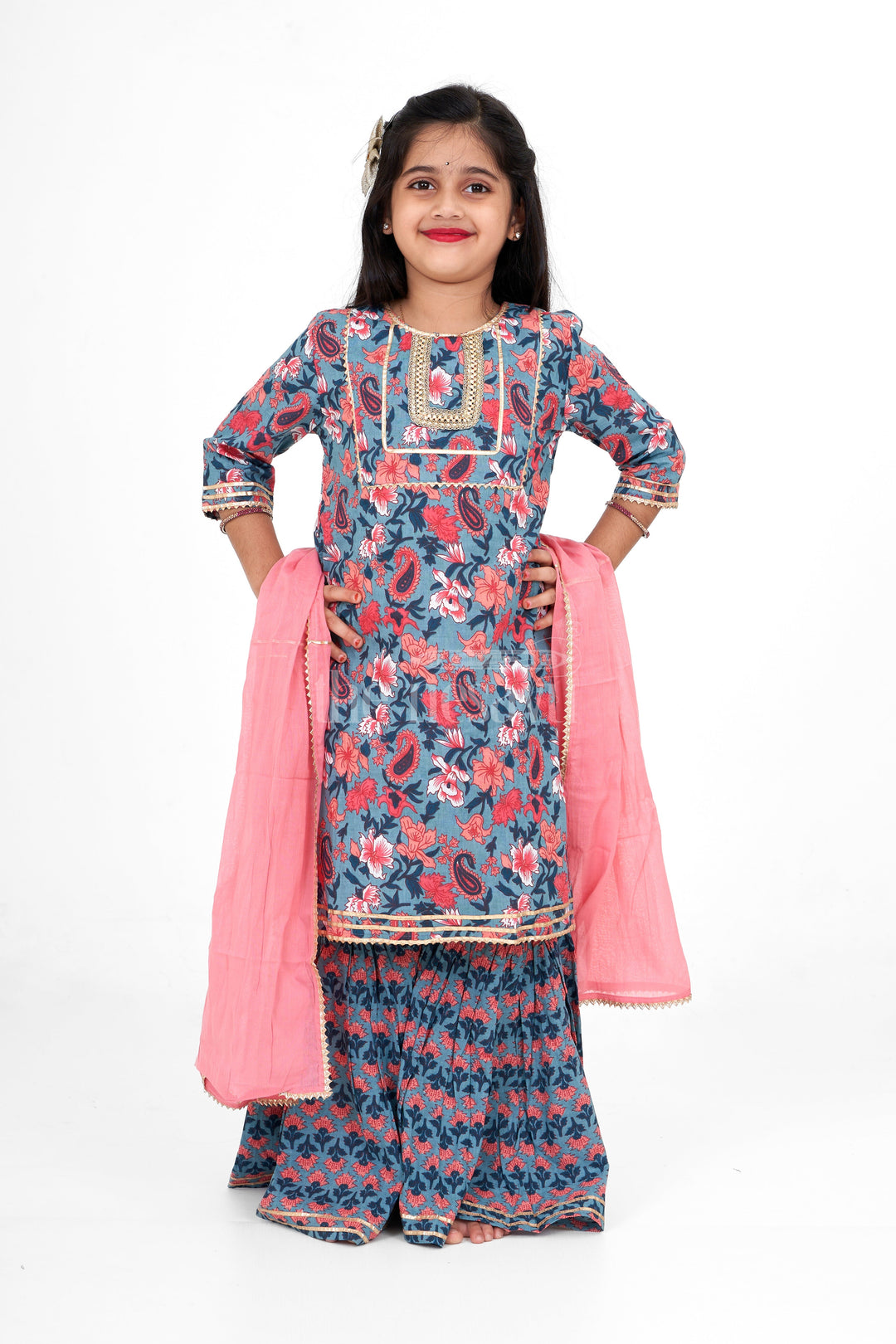 The Nesavu Girls Sharara / Plazo Set Girls Pure Cotton Sharara Set Multicolor Diwali Festive Dress Nesavu Nesavu Girls Multicolor Cotton Block Print Sharara Set Embroidery Diwali Festive Dress