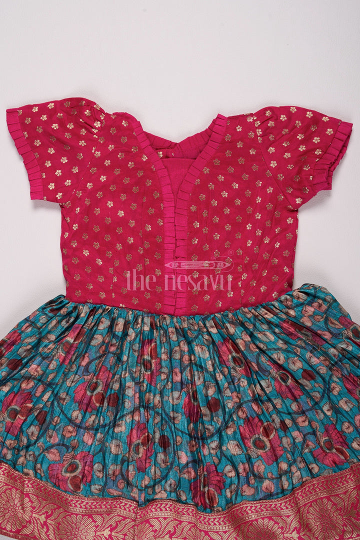 The Nesavu Silk Frock Girls Red and Blue Silk Christmas Dress with Pleated Floral Skirt and Zari Border Nesavu Nesavu Girls Red Blue Silk Christmas Dress Zari Border Pleated Skirt