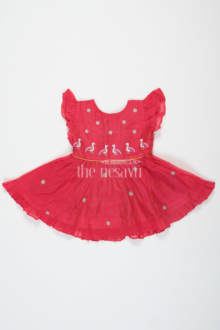 The Nesavu Girls Cotton Frock Girls Red Chanderi Embroidered Frock Dress with Ruffled Sleeves Nesavu Girls Red Chanderi Embroidered Frock Dress Nesavu Ruffled Sleeves Perfect Festive Occasions