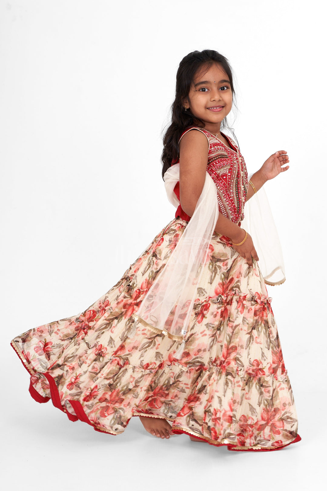 The Nesavu Girls Lehenga Choli Girls Red Georgette Lehenga Choli with Floral Print – Perfect for Festive Occasions Nesavu Festive Red Georgette Lehenga Choli Girls Floral Print Embroidery Nesavu Special