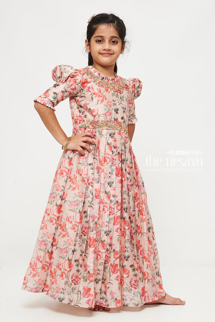 The Nesavu Girls Silk Gown Girls Rose Garden Anarkali Gown with Golden Embellishments Nesavu Shop Luxurious Girls Rose Print Anarkali Gown | Floral Party Dress for Kids | THe Nesavu