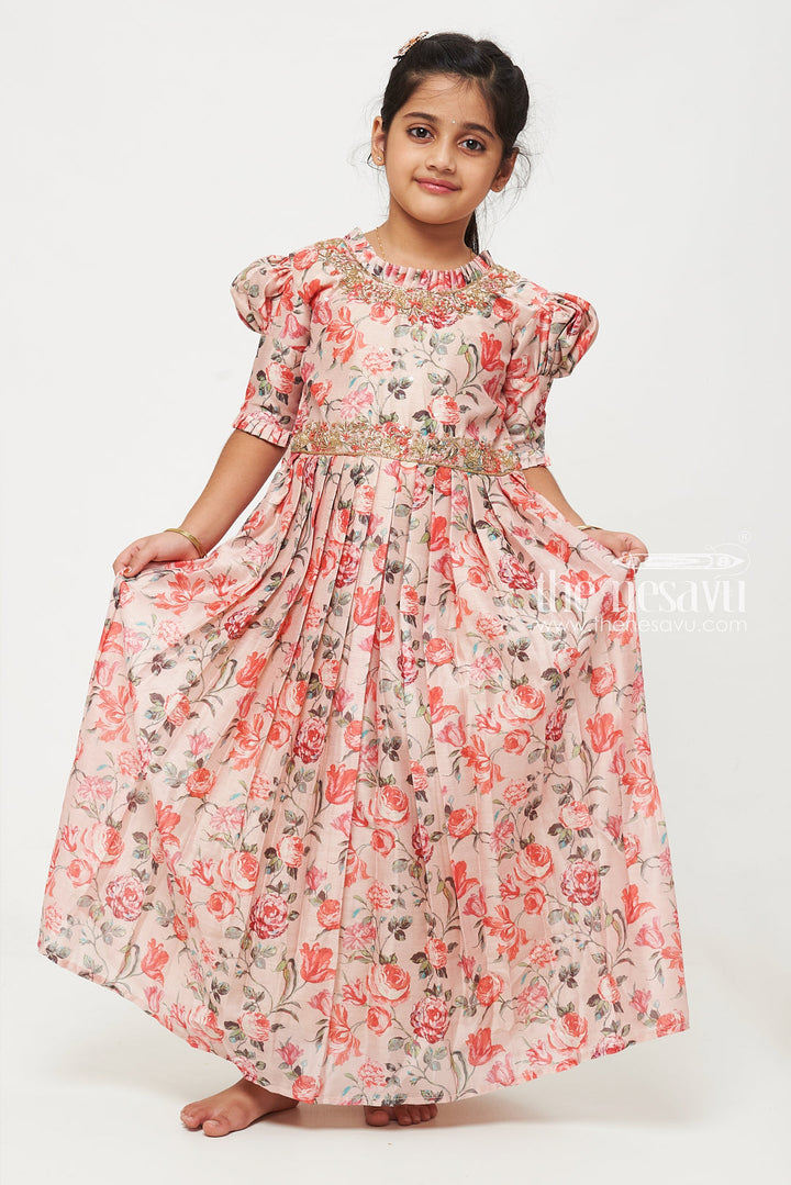 The Nesavu Girls Silk Gown Girls Rose Garden Anarkali Gown with Golden Embellishments Nesavu Shop Luxurious Girls Rose Print Anarkali Gown | Floral Party Dress for Kids | THe Nesavu