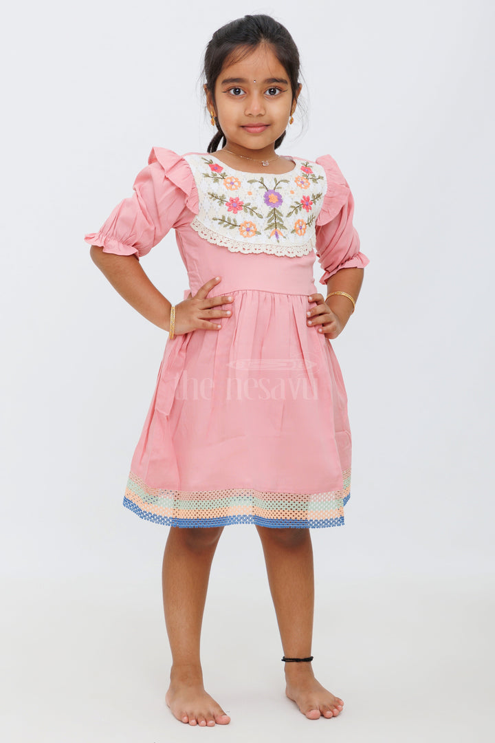 The Nesavu Girls Cotton Frock Girls Rose Pink Embroidered Frock with Lace Details and Long Sleeves - Party Wear Dress Nesavu 18 (2Y) / Rose GFC1406A-18 Nesavu Girls Rose Pink Party Frock Floral Embroidery Lace Detailing Elegant Outings