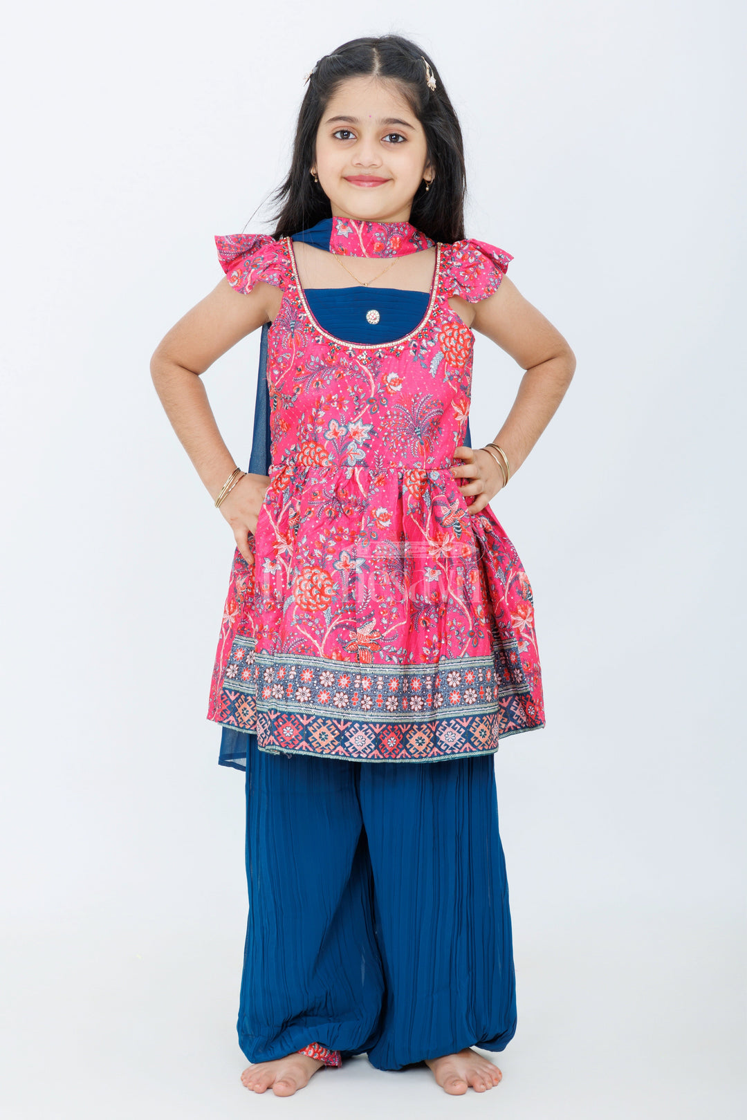 The Nesavu Girls Sharara / Plazo Set Girls Rose Viscose Georgette Peplum Kurta with Navy Patiala and Floral Dupatta Nesavu Nesavu Girls Rose Peplum Kurta Navy Patiala Floral Dupatta Festive Occasions