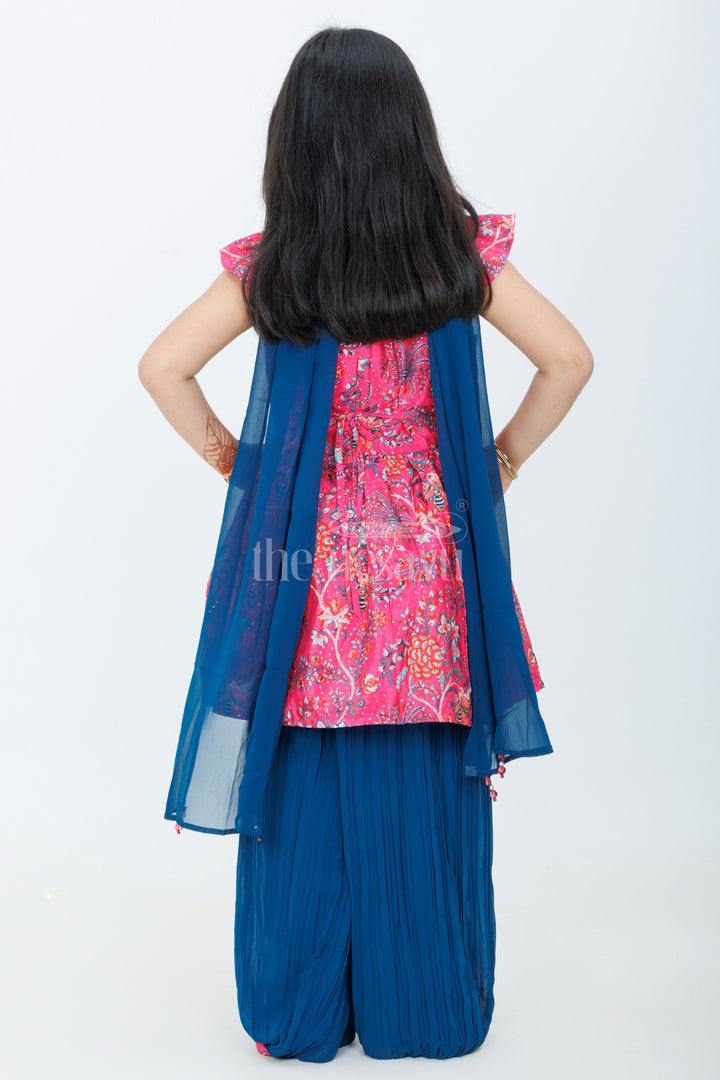 The Nesavu Girls Sharara / Plazo Set Girls Rose Viscose Georgette Peplum Kurta with Navy Patiala and Floral Dupatta Nesavu Nesavu Girls Rose Peplum Kurta Navy Patiala Floral Dupatta Festive Occasions